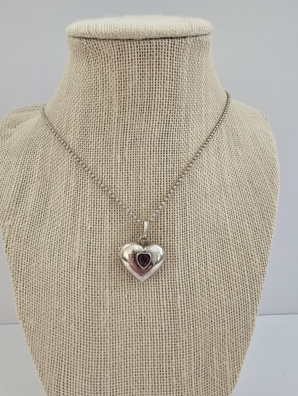 Vintage Sterling Silver 925 Heart Locket Pendant Necklace Amethyst Crystal